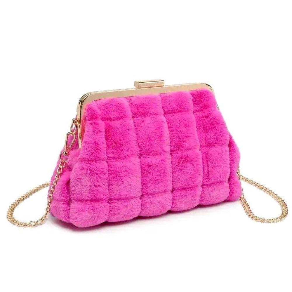 Pink faux fur shoulder bag with gold strap and hardware. Medium size.